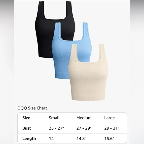OQQ 3 Women's Ribbed Cropped Tank Tops - Black, Blue, Cream - Picture 4 of 6